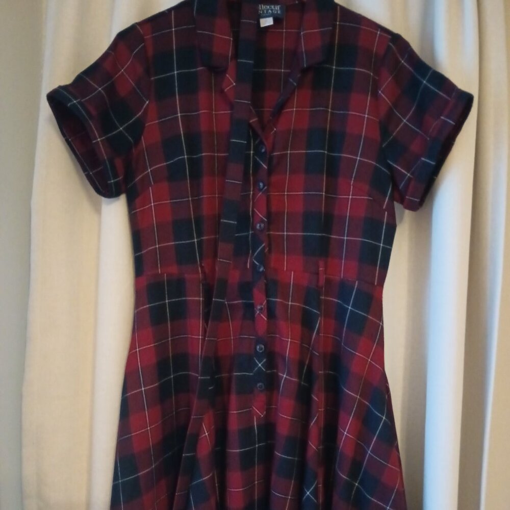 Collectif Caterina swing dress navy/red plaid UK 16
